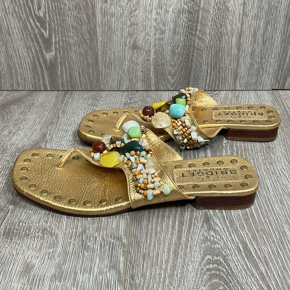 Bridget Shuster Gold Leather Thong Slip On Sandals Beaded Natural Stones 6.5 - Picture 4 of 15